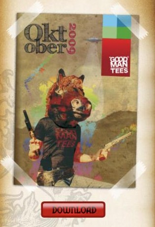 GoodmanTees catalogue cover for October 2009: a man in a horse mask wearing a Goodman Tees T-shirt