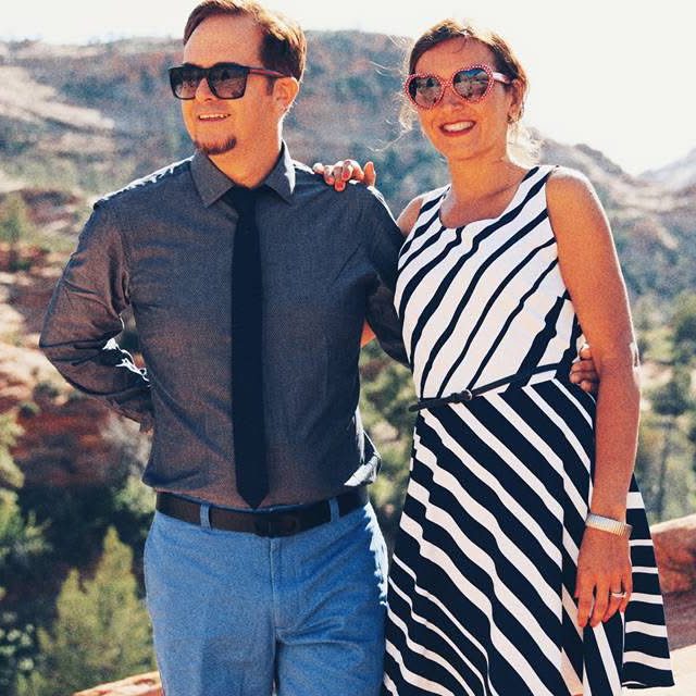 Marc Mulvaney and his wife, Silvia, in sunglasses on a red-rock overlook