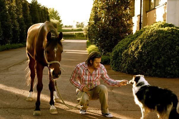 Marc Mulvaney at Lake Garda, Italy, holding a horse on a lead rope and giving a treat to a dog